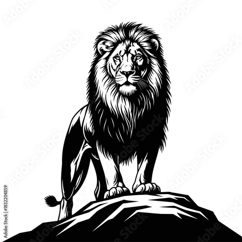 Black and white illustration of a majestic male lion standing proudly on a rock