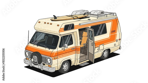 Camper van with surfboards on top door open revealing a beach chair