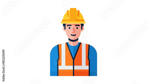 Cartoon construction worker with hard hat blue shirt and orange safety vest