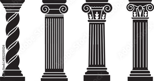 Four Black Silhouettes of Ancient Architectural Columns with Different Capitals and Shafts on White Keywords: column, pillar, architecture