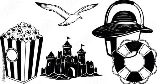 Bold line art summer beach icons with seagull, striped popcorn bucket, sand castle, wide brim sun hat, and round lifebuoy in monochrome vector style