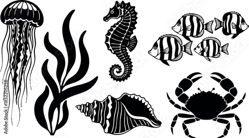 Black silhouette marine vector set with jellyfish, seaweed, spiral shell, striped reef fish school, seahorse profile and crab icon in bold flat design style