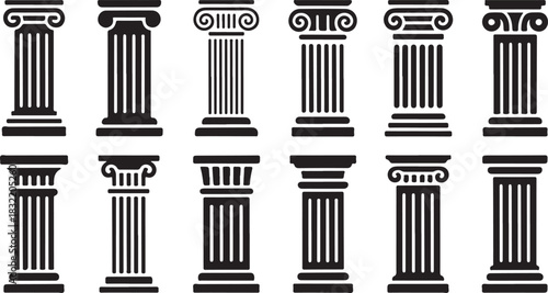 Grid of Twelve Black Silhouettes of Classical Architectural Columns on White Background