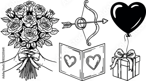 Line art romantic valentine set with rose bouquet in hands, cupid bow and arrow, heart balloon, greeting card and wrapped gift box on white background