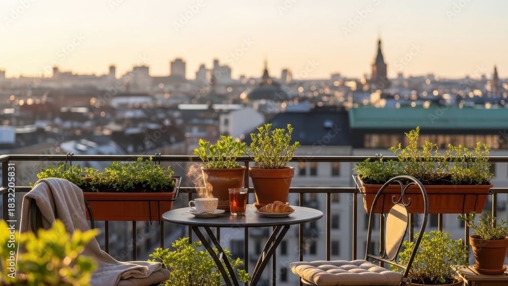 Obraz premium Rooftop balcony with cozy seating and city skyline at sunset