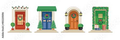 Christmas Decorated Front Doors Collection. Set of front door house. Collection of winter door house. Cafe door. Restaurant door.