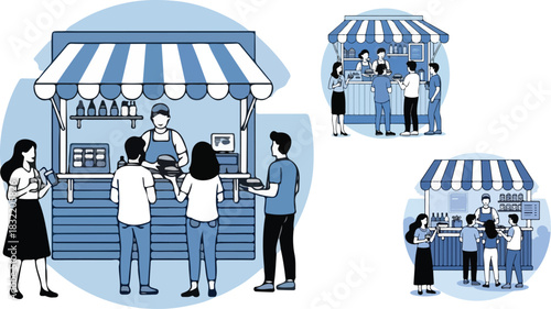 People buying food from street vendors at outdoor market stalls on a sunny day on transparent background