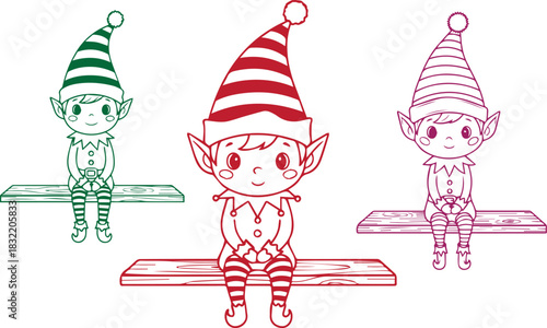 Three colorful christmas elves sitting on benches against a art on transparent background