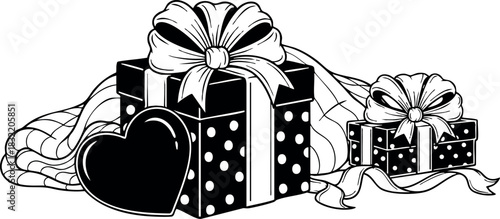 Monochrome line art closeup of polka dot gift boxes with large bows, heart shape and flowing ribbon, romantic holiday present composition, flat vector design