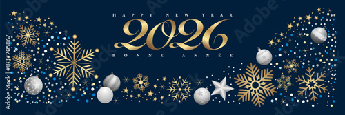 20262026-Bannière pour la nouvelle année avec une image décorée de paillettes, boules de Noël et cristaux de glace sur un fond bleu nuit - texte français, anglais - traduction : -VŒUX-Etoile+SnowFlake