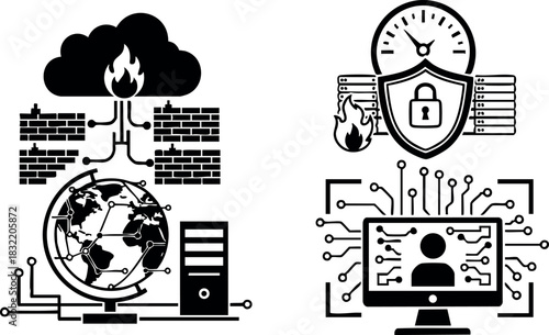 Monochrome flat design cybersecurity icons with firewall cloud globe server and shielded user monitor, depicting global data protection and network monitoring in minimalist line art style
