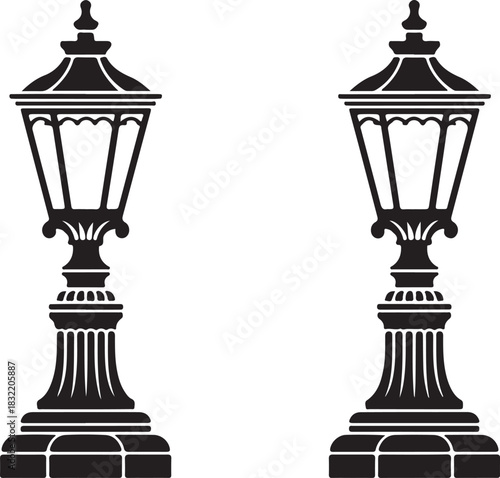 Two Black Silhouette Vintage Street Lamps on White Background retro antique