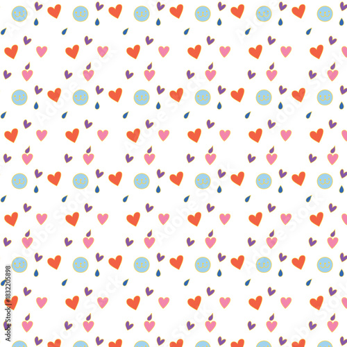 Cute hearts smiley faces and raindrops pattern vector