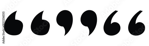  Flat comma silhouette icons set. Black dark isolated modern inverted commas icon set on white background. Modern vintage collection of quote. Set of different comas icons. EPS 10. 