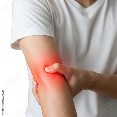 Person holding arm with visible pain and redness isolated on transparent background