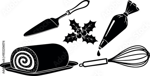 Monochrome flat design christmas yule log dessert with holly berries, icing bag, whisk and cake server baking tools arranged in festive composition