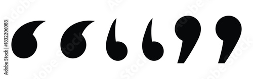  Flat comma silhouette icons set. Black dark isolated modern inverted commas icon set on white background. Modern vintage collection of quote. Set of different comas icons. EPS 10. 