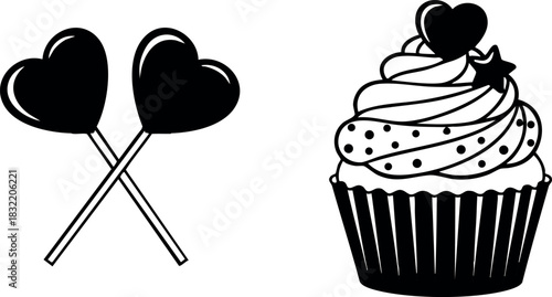 Minimalist black and white vector art of crossed heart lollipops beside decorated cupcake with heart and star toppings for valentine’s day dessert designs