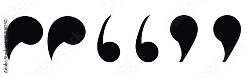 Set of different comas icons. Flat comma silhouette icons set. Black dark isolated modern inverted commas icon set on white background. Modern vintage collection of quote. EPS 10. 