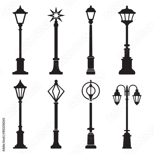 Vector set of street lamp silhouettes for design
