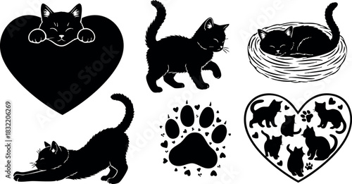Cute black cat silhouette vector set with hearts, paw print, stretching kitten and sleeping kitty in nest, playful pet icons for valentines day designs