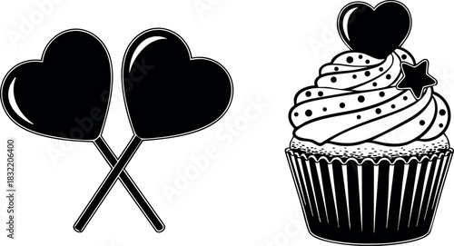 Monochrome flat design cupcake with heart topper and crossed heart lollipops beside it, stylized sweet dessert vector art for valentine’s day celebration, clean minimal look