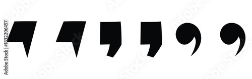 Black dark isolated modern inverted commas icon set on white background. Set of different comas icons. Flat comma silhouette icons set. EPS 10. 