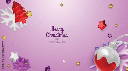 Elegant 3D render of red dipped baubles and golden stars, creating a playful Christmas mood with generous copy space for text