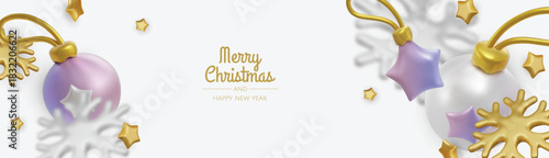 Festive 3D Christmas background with purple ornaments and snowflakes on soft blue, perfect for modern holiday greetings and promotions