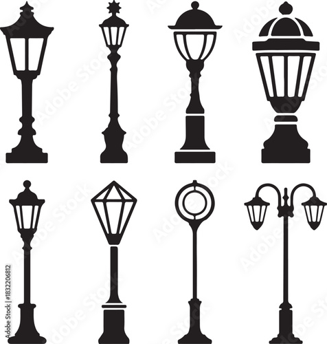 Collection of antique street lamps black silhouettes