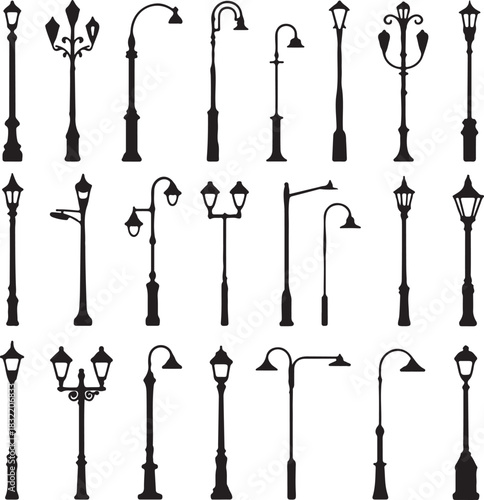Collection of ornate street lamp silhouette vector illustration