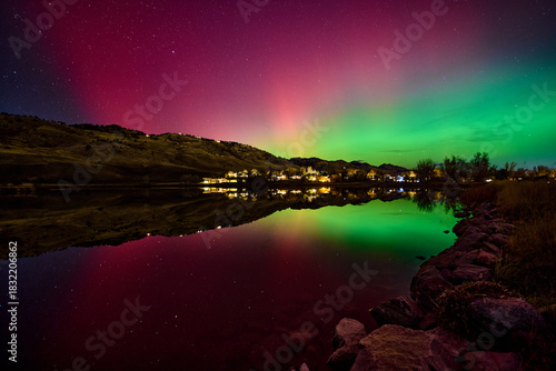 November 11, 2025 - Aurora Borealis, or Northern Lights viewed from Wonderland Lake in Boulder Colorado.