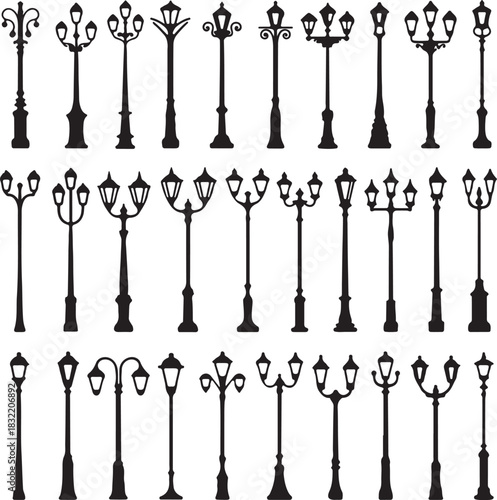 Assorted decorative ornate vector lampposts streetlights silhouettes