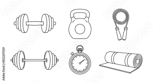 Minimalist gym equipment icons set with dumbbells, kettlebell, and yoga mat