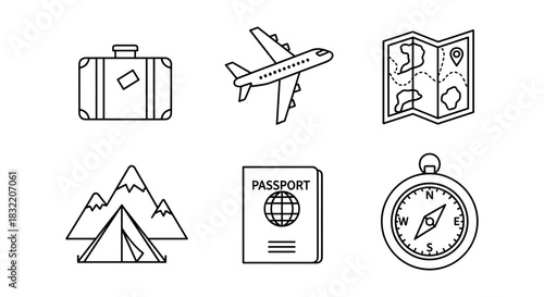 Travel essentials icons: linear style with suitcase, airplane, map, mountains, passport, compass