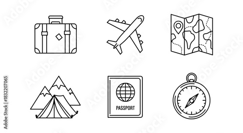 Travel icons collection: luggage, airplane, map, tent, passport, compass in linear style