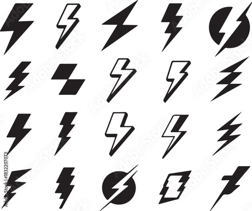 Collection of Lightning Bolt Symbols in Black and White