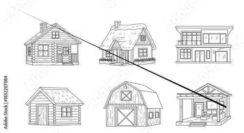 Collection of hand-drawn house and cabin sketches in black and white
