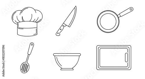 Minimalist kitchen essentials icons: chef hat, knife, pan, utensils, bowl, cutting board