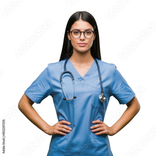 Young female doctor in blue scrubs and stethoscope isolated on transparent background