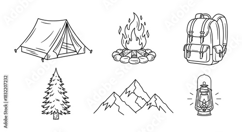 Camping adventure line art collection with tent, campfire, backpack, and lantern elements