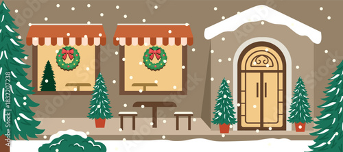 Snowy Christmas Cafe Front with Festive Decor. Cafe house. Cozy corner cafe. Winter season cafe. Coffee shop.