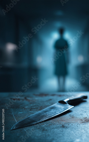thriller scene in a hospital room, surgical knife on metal table with eerie lighting, mysterious medical figure standing in the background, suspenseful horror atmosphere for book cover