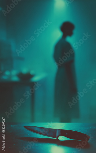 thriller scene in a hospital room, surgical knife on metal table with eerie lighting, mysterious medical figure standing in the background, suspenseful horror atmosphere for book cover