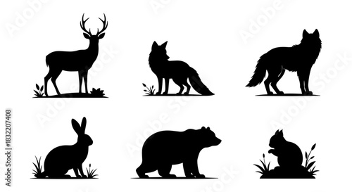Wildlife silhouette collection: deer, fox, wolf, rabbit, bear, squirrel