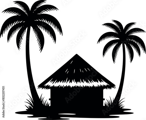 Silhouette of a thatched roof hut nestled between two palm trees on a tropical beach
