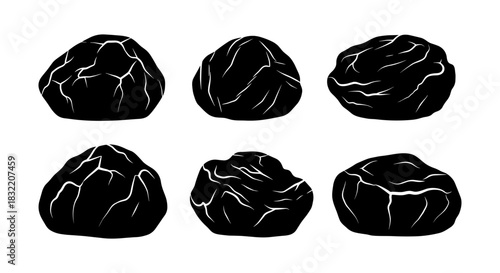 Set of minimalist monochrome rock silhouettes with cracks on white background