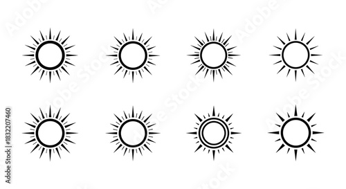 Minimalist sunburst icons set with diverse ray patterns