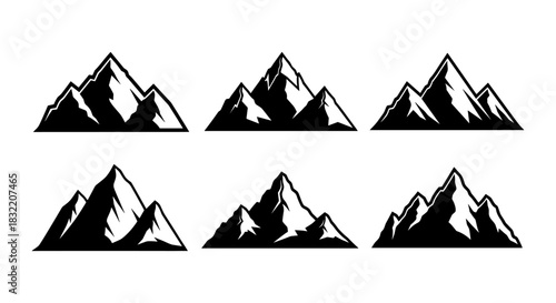 Stylized mountain set: six bold graphic peaks in black and white