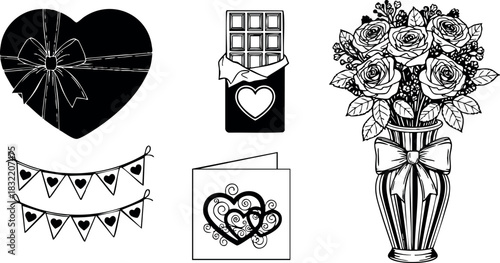 Romantic line art valentine set with heart gift box, chocolate bar, bunting flags, greeting card and rose bouquet vase in black and white outline style